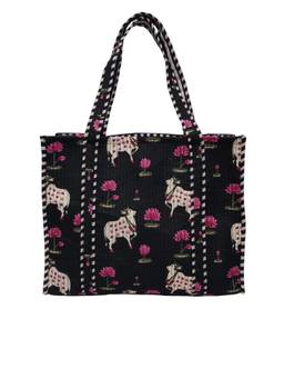 House of Gulab - Black Hand block Printed Quilted Tote Bag