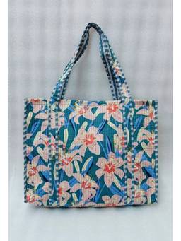 House of Gulab - Blue Floral Printed Quilted Tote Bag