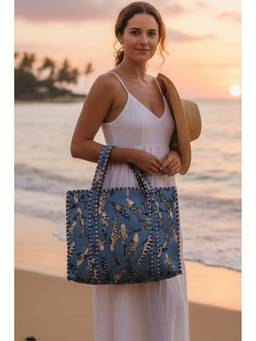 House of Gulab - Grey Hand block Printed Cotton Unique Moon-Shaped Handle Tote Bag