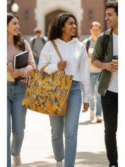 House of Gulab - Yellow Hand block Printed Quilted Tote Bag