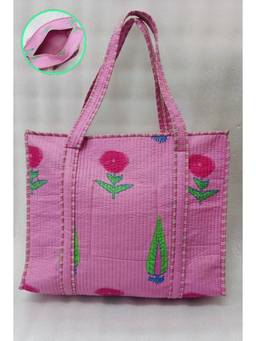 House of Gulab - Pink Hand block Printed Cotton Unique Moon-Shaped Handle Tote Bag