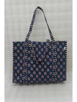 House of Gulab - Navy Blue Hand block Printed Quilted Tote Bag