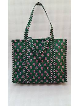 House of Gulab - Green Floral Printed Quilted Tote Bag