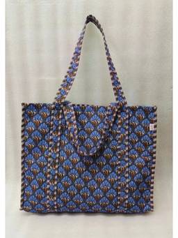 House of Gulab - Navy Blue Floral Printed Quilted Tote Bag