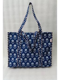House of Gulab - Navy Blue Hand block Printed Quilted Tote Bag