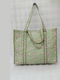 House of Gulab - Green Hand block Printed Quilted Tote Bag