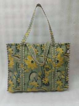 House of Gulab - Olive Floral Printed Quilted Tote Bag