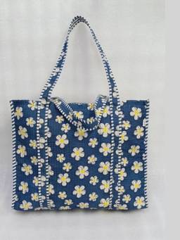 House of Gulab - Blue Floral Printed Quilted Tote Bag