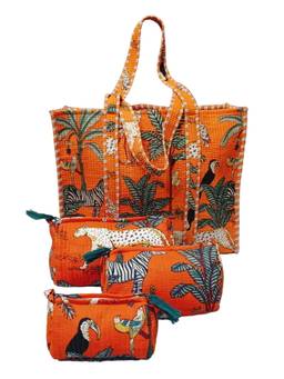 House of Gulab - Orange Stylish Tote Bag with 3 Coordinated Utility Pouches
