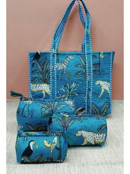 House of Gulab - Blue Tote Bag With Set Of 3 Pouches