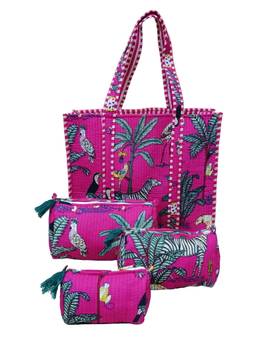 House of Gulab - Pink Tote Bag With Set Of 3 Pouches