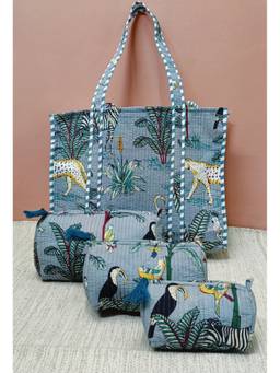 House of Gulab - Green Stylish Tote Bag with 3 Coordinated Utility Pouches