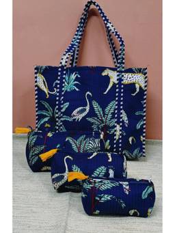 House of Gulab - Blue Tote Bag With Set Of 3 Pouches