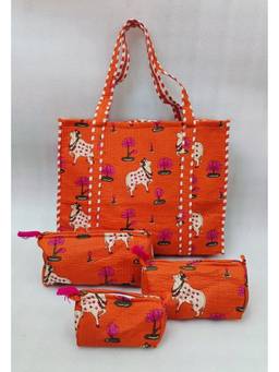 House of Gulab - Orange Tote Bag With Set Of 3 Pouches