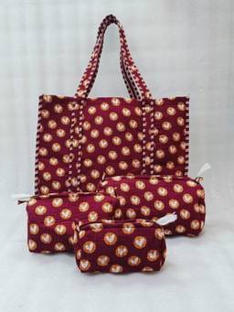 House of Gulab - Maroon Tote Bag With Set Of 3 Pouches