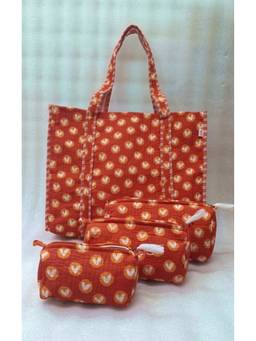 House of Gulab - Orange Tote Bag With Set Of 3 Pouches