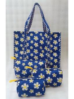 House of Gulab - Blue Floral Printed Stylish Tote Bag with 3 Coordinated Utility Pouches