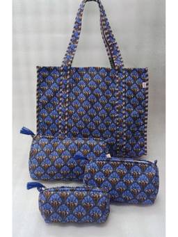 House of Gulab - Blue Tote Bag With Set Of 3 Pouches