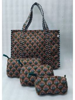 House of Gulab - Blue Floral Printed Tote Bag with Set of 3 Pouches