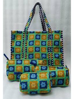 House of Gulab - Green Stylish Tote Bag with 3 Coordinated Utility Pouches