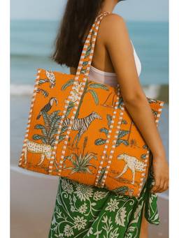 House of Gulab - Blue Animal Printed Quilted Tote Bag