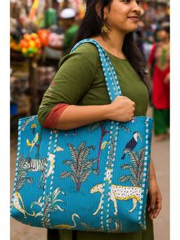 House of Gulab - Turquoise Animal Printed Quilted Tote Bag