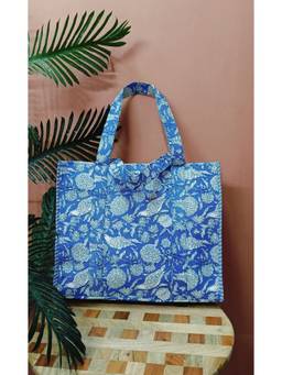 House of Gulab - Blue Cotton Structured Tote Bag