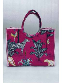 House of Gulab - Pink Hand block Printed Cotton Unique Moon-Shaped Handle Tote Bag