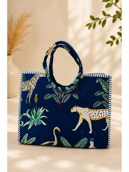 House of Gulab - Multi-Colour Hand block Printed Cotton Unique Moon-Shaped Handle Tote Bag