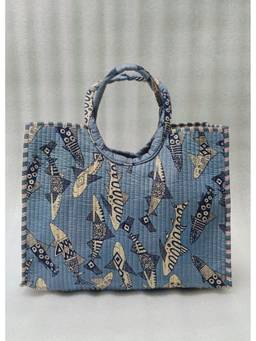 House of Gulab - Grey Hand block Printed Cotton Unique Moon-Shaped Handle Tote Bag