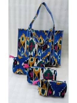 House of Gulab - Blue Ikat Printed Stylish Tote Bag with 3 Coordinated Utility Pouches