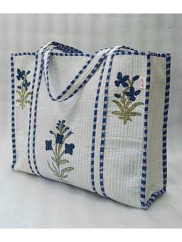 House of Gulab - White Classic Floral Printed Quilted Tote Bag