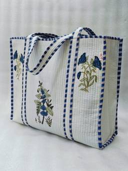 House of Gulab - Classic White Block Printed Quilted Tote Bag