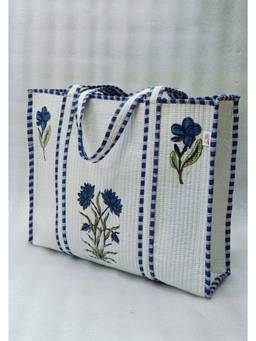 House of Gulab - Classic White Block Printed Quilted Tote Bag