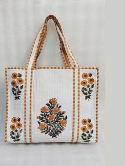 House of Gulab - White Classic Floral Printed Quilted Tote Bag