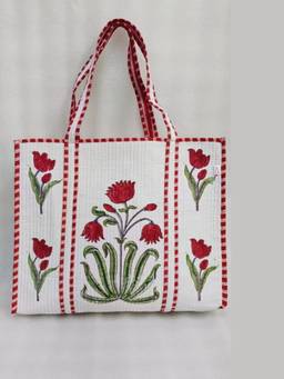 House of Gulab - Multi-Colour Classic White Block Printed Quilted Tote Bag