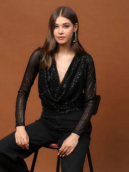 Sera - Black Sequin Stylish V-Neck Party Wear Long Sleeve Shimmer Top