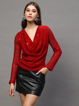 Sera - Red Sequin Draped Back Long Sleeve Sparkly Evening Wear Party Top