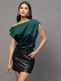 Sera - Green Sequin One Shoulder Stylish Trendy Off Shoulder Top