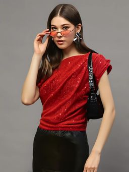 Sera - Red Sequin One Shoulder Stylish Trendy Off Shoulder Evening Top