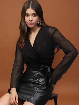 Sera - Midnight Muse Black Glam Sheer Vibes Chiffon Wrap Top