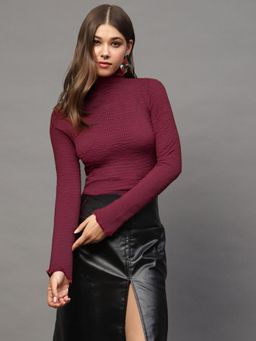 Sera - Womens Wine High Neck Full Sleeve Top