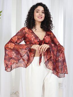 Tandul - Womens Brown Georgette Tie Up Crop Top