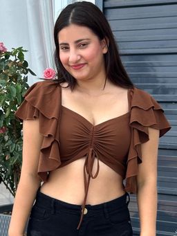 Tandul - Womens Ruffled Sleeves Brown Crop Top
