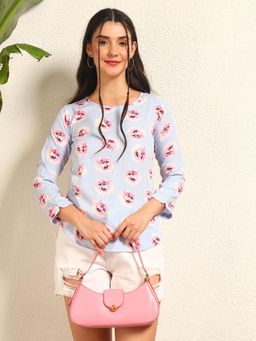 Tandul - Womens Blue Casual Floral Print Top