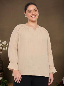 Martini - Womens Beige Round Neck Cotton Plus Size Top