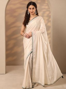 Libas - Embellished Silk Blend Saree with Unstitched Blouse - Cream