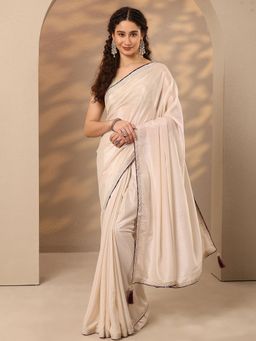 Libas - Embellished Silk Blend Saree with Unstitched Blouse - Cream