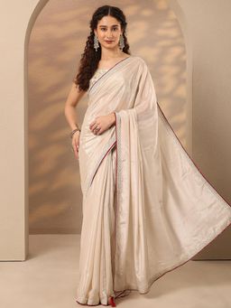 Libas - Solid Silk Blend Saree with Unstitched Blouse - Cream