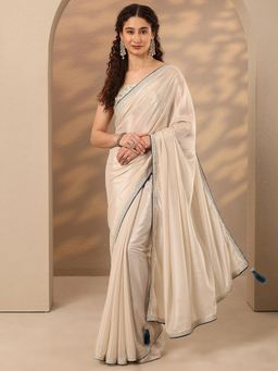 Libas - Solid Silk Blend Saree with Unstitched Blouse - Cream
